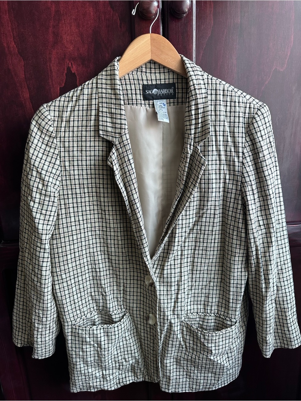 Vintage Sag Harbor Women's Beige Plaid Blazer Jacket